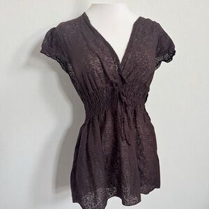 Vintage Brown Fairycore Blouse – Sheer Crinkle Boho Top | Cottagecore Witchy Y2K